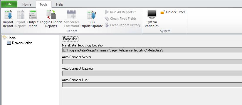 The Tools tab contains further logical grouping of features, including Report functions and System functions. All icons on the Tools tab ribbon are visible in windowed mode.