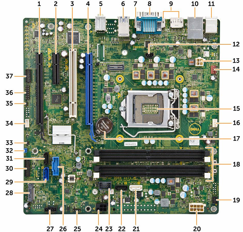 c. memory d. cover 5. Follow the procedures in After Working Inside Your Computer. System Board Components Figure 1. Components Of The System Board 1. PCI Express x16 slot (wired as x4) 2.