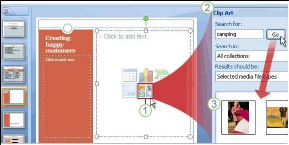 2. The second method is to click on the Clip Art icon in a placeholder. The Clip Art task pane will open on the right.