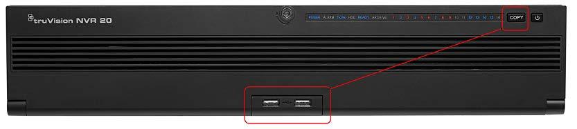 Local USB Archive via COPY Button Steps to archive off video to a USB memory drive device: 1. Insert USB device into either one of the two USB ports on the front of the TVN 20 2.