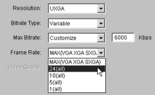 chosen in the Frame Rate field to list the Resolutions that support the various frame rates. Figure 15: Frame Rate Field The example here shows a selection of UXGA (Resolution 1600x1200).