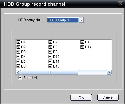 HDD Group 02 Redundant Drive(s)View (Cameras D2, D3, D4, D8, D9 are checked for redundant recording) HDD Group 01 View (Make sure that the same cameras (D2, D3, D4, D8, D9) are also checked for