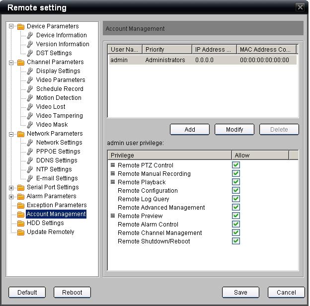 Figure 33: Remote setting window The created users