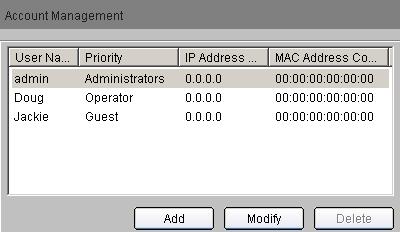 specific IP address. If the user account is bound to the MAC address, the user can only sign on from a computer with that specific MAC address. Press OK to return to the main Account Management page.