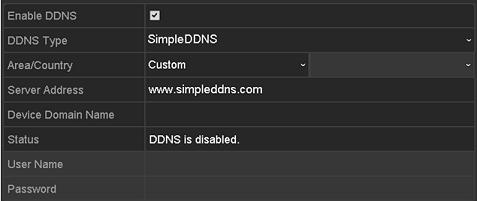 Figure 12-6 NO-IP Settings Interface SIMPLEDDNS: - Select the continent/country of the server on which the device is registered. - The Server Address of the SimpleDDNS server appears by default: www.