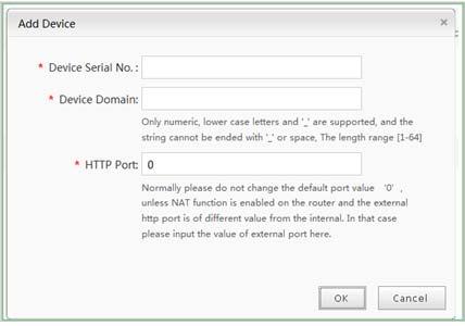Figure 12-10 Register Device - Input Device Serial No., Device Domain (Device Name) and HTTP Port. Click OK to add the device.