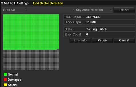 Figure 13-22 Bad Sector Detection Click Error info to see the detailed damage information. You can also pause/ resume or cancel the detection.