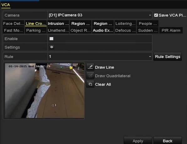 1. Enter the VCA settings interface and select a camera for the VCA settings. Menu > Camera > VCA. Figure 6-15 VCA Settings 2. Configure the detection rules for VCA events.