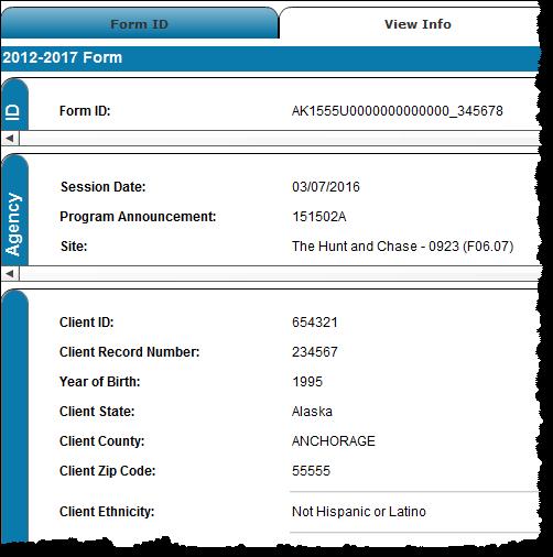Result: The View Info tab becomes active and displays the record for the Form ID you
