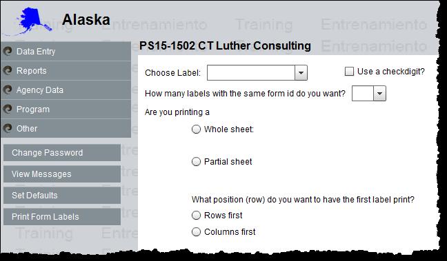 Step 2. Click the Print Form Labels button. Result: The form labels selection window displays.