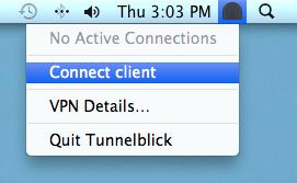 (15) After successful installation and configuration the Tunnelblick icon is displayed in the top menu bar, which allows you to open the Tunnelblick window.