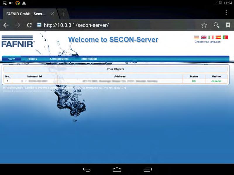 (13) It opens the SECON-Server with the startup screen: Figure 40: SECON-Server startup screen (14) To terminate the connection, close the web