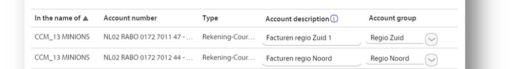 Account display In Account display, you can assign accounts to Account groups and add an account description to accounts.