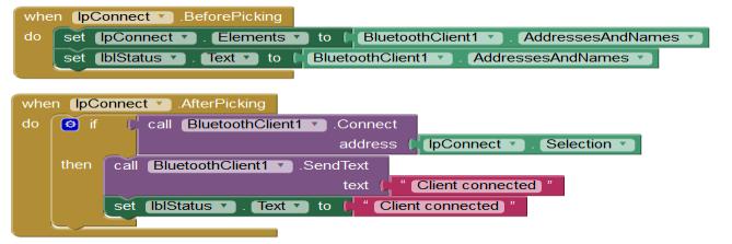 Bluetooth server Send Text code and Disconnect code Blocks Code for Bluetooth Client App The client app is same as the server app, but refers to the BlutoothClient1component instead of the