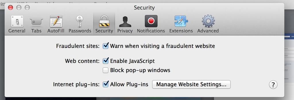 Allowing pop-ups Safari: From the Safari menu on the top left hand corner, click on Preferences then Security and untick Block pop-up windows.