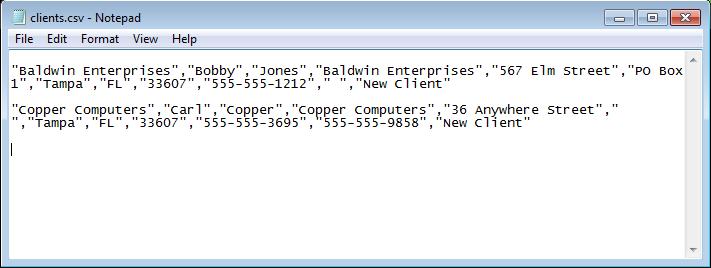 LabTech Ignite Installation In Notepad: File layout: Name (friendly name of company), First name, Last name, Company name, Address 1, Address 2, City, State, Zip, Phone, Fax, and Comment.