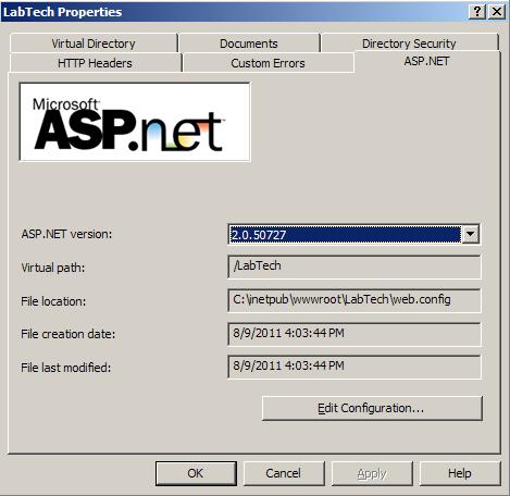 LabTech Figure 35: ASP.NET 28. Click on the ASP.NET tab. 29. Select 2.0.50727 from the ASP.NET version pull-down, if necessary. 30. Click OK. 31. Close IIS. IIS 7 and 7.