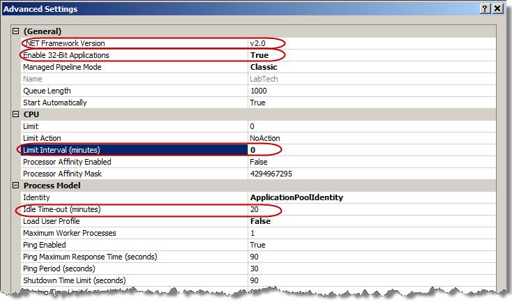 LabTech Figure 38: Application Pool Configuration 4. Select v2.0 from the.net Framework Version, if not already selected. 5. On 64-bit operating systems, set Enable 32-Bit Applications to True. 6. Set the Limit Interval to 0 to disable CPU Monitoring.