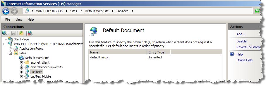 Otherwise, proceed to step 22. 22. Click Add (right-hand side of window) and enter Default.aspx in the Name field and click OK. 23.