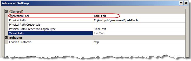 LabTech Figure 45: Advanced Settings Application Pool 25. Verify that the Application Pool is set to LabTech.