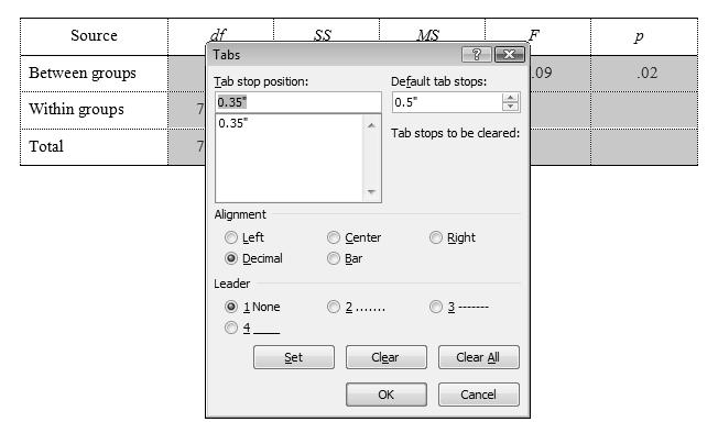 37 Step 5: Centering the Data Cells To set the Cell columns so that they are all centered under their Heads, you will need to set the Tabs for each column of data cells to a Decimal Tab.