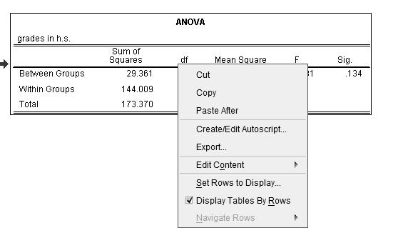 MAKING TABLES AND FIGURES 211 Fig. 1.12. Copying tables from SPSS. Place the curser in the MS Word file where you want to put the table. Select Paste in MS Word.