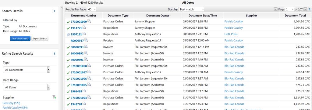 you to search through all order documents created by your department (Note: Shoppers can only view their own orders).
