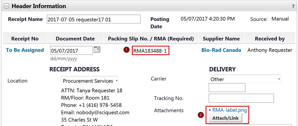 3. Enter the RMA number provided by the Supplier in the Packing Slip/RMA field (1).