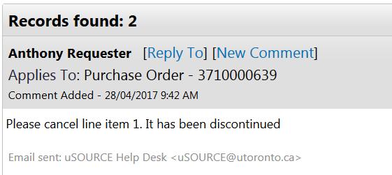 7. The comment will be added to the PO, and a notification will be sent to the usource Help Desk to process your request.