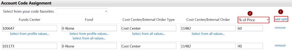 Under Cost Center/Internal Order Type, specify whether you are using a Cost Center or Internal Order number (3) and enter the number in the next field (4). Note: the Fund field cannot be left blank.