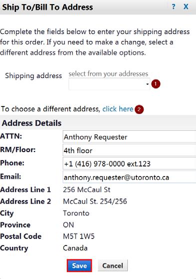To select a shipping address from your user profile, click the drop down menu under select from your addresses (1) and press the Save button