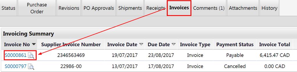 View Invoice Information To open an invoice: 1. Open the Purchase Order. 2.