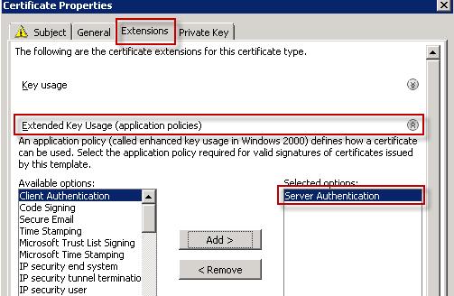 Figure 17: Selecting Common name and enter the value. 7. Select the Extensions tab, and click the Extended Key Usage (application policies). 8.