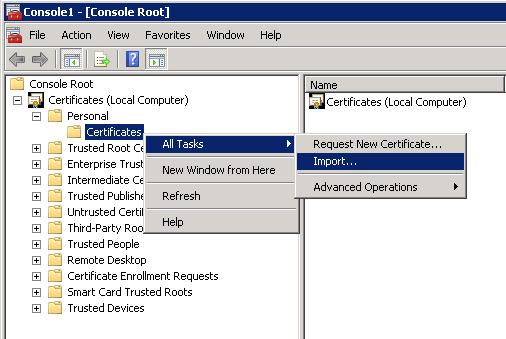 Figure 25: Navigating to All Tasks > Import and clicking Import. 4. The Certificate Import Wizard appears. Select Local Machine option, and click Next. 5.