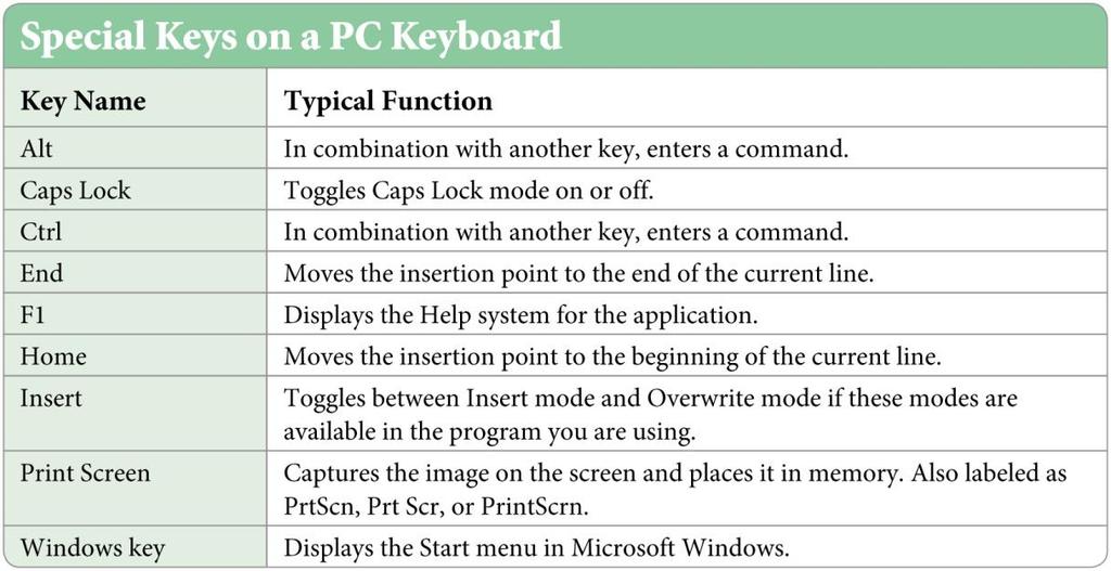 Recognize Input Devices Special keys on a PC keyboard