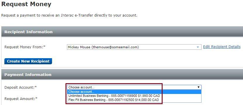 3. Select an account where you want the funds to be deposited, when