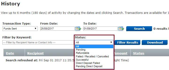 7. Select from the Status list in order to filter results for just that status, for the specified date