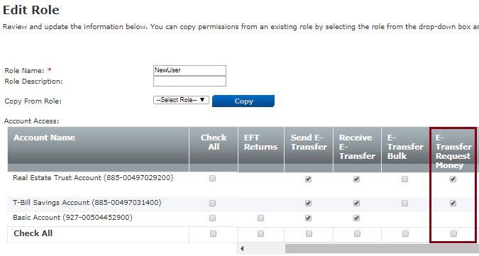 5. Check the boxes under E-Transfer Request Money to allow the user to send money requests