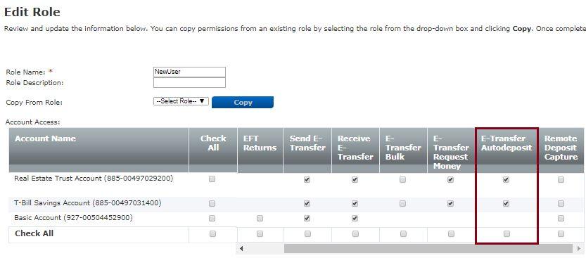Check the boxes under E-Transfer Autodeposit to allow the user to set up an autodeposit rule