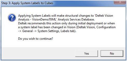 Chapter 2: Configure Analysis Cubes Apply System Labels to the Data Cubes This step applies labels that are entered on the Labels tab in Vision Configuration» General» System Settings to the data