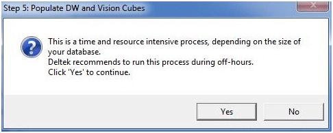 Chapter 2: Configure Analysis Cubes Populate the Data Warehouse (DW) and the Vision Cubes Deltek recommends that you complete this step after business hours when users are not connected to the Vision