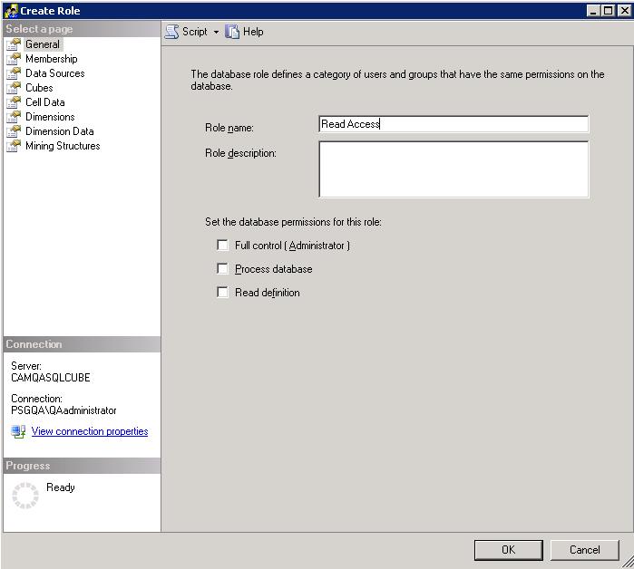 Chapter 2: Configure Analysis Cubes 4. On the General page of the Create Role dialog box, complete the following actions: Enter a name in the Role name field.