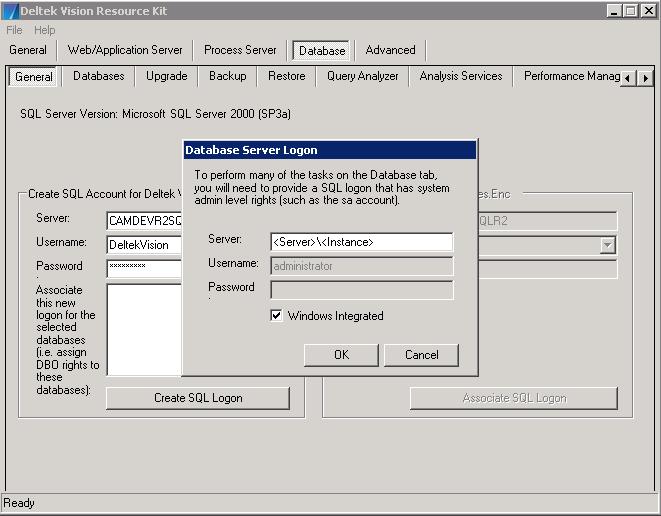 Chapter 6: Performance Dashboards Installation and Configuration 3. On the Database Server Logon dialog box, the server name displays in the Server field.