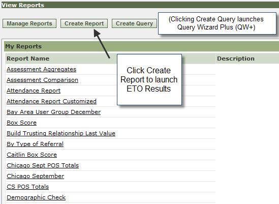 Building Reports from Scratch with ETO Results Accessing ETO Results Go to the Navigation Bar and click Reports, then View Reports. Click the Create Report button at the top of the page.