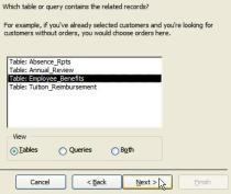 With Tables selected in View section of first Find Unmatched Query Wizard box, click Table: Employees then click Next.