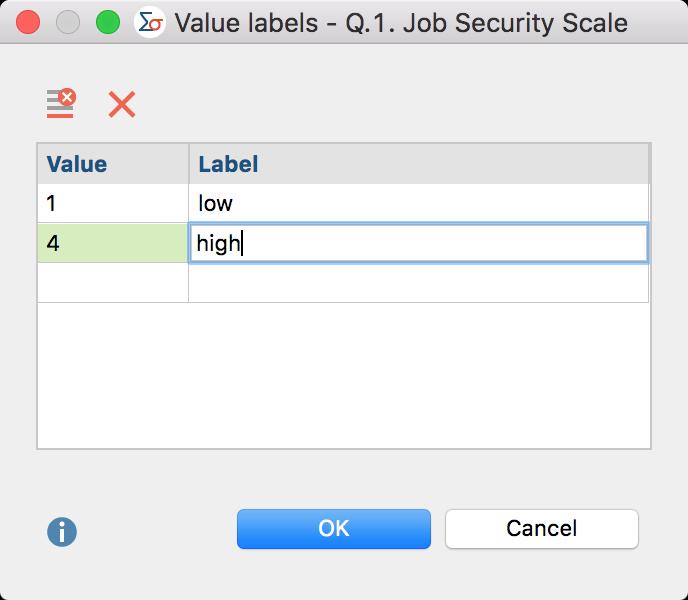 16 The Variable List Dialog box for creation of a Value Label In the left hand column, enter the value to be associated with the label on the right.