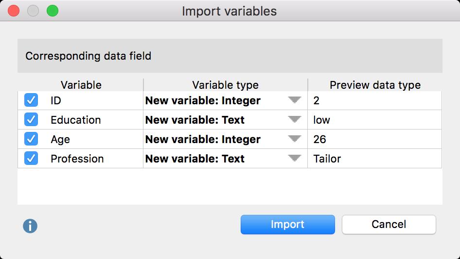 28 Work with External Data in SPSS or Excel Format Dialog box for specifying variable types upon import of an Excel Indicate which of the detected variables you wish to import by checking the boxes