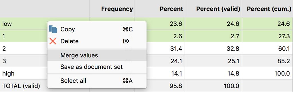 When the frequency function is called up the next time, the column will be automatically displayed again. Merge Values The interactive results table also allows you to merge multiple values: 1.
