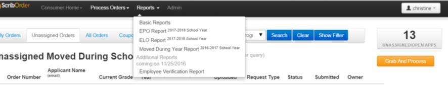 Reports Schools can run reports for the applications received In the black bar, click on REPORTS, and select the type of report you want to run Use the filters to select the applications you want to