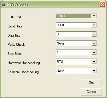 Select COM as interface then click on the Setup button to setup the serial port baud rate, parity check, data bits, stop bit and flow control